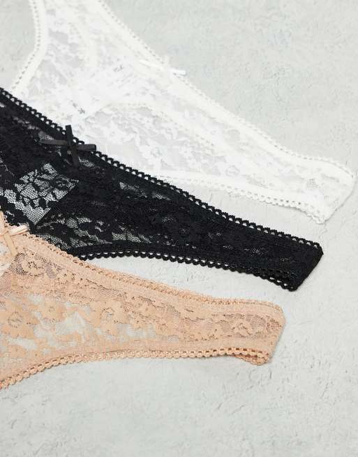 Asos ASOS DESIGN 3 Pack All Over Lace Thongs In Black White & Beige
