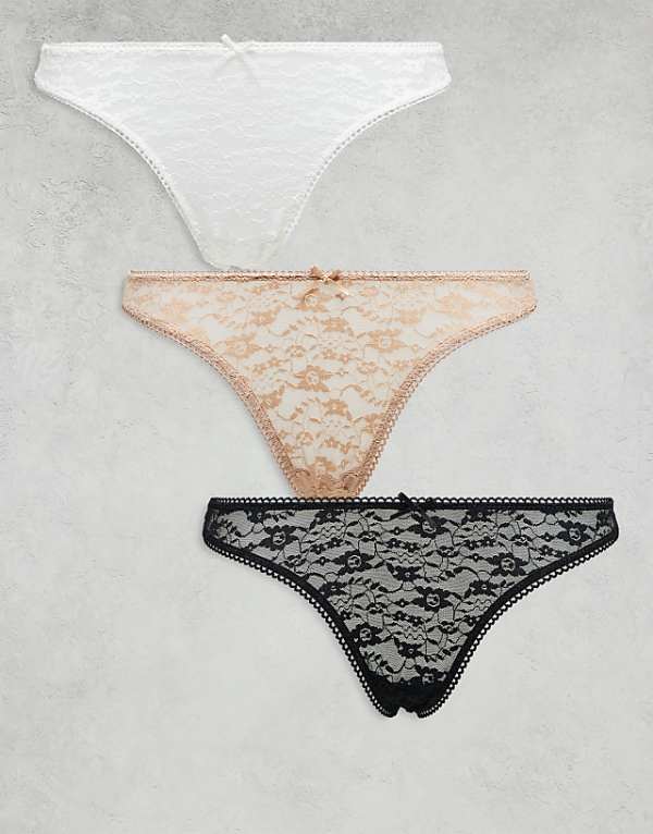 asos ASOS DESIGN 3 pack all over lace thongs in black white & beige