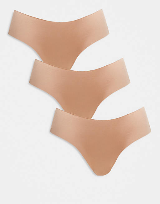 asos ASOS DESIGN 3 pack no vpl and lace brazilian brief in beige