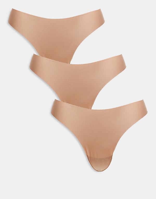 asos ASOS DESIGN 3 pack no vpl and lace thong in beige