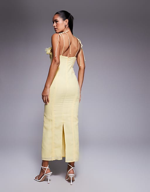 Asos ASOS DESIGN 3D Floral Bust Corset Linen Look Midi Dress In Yellow