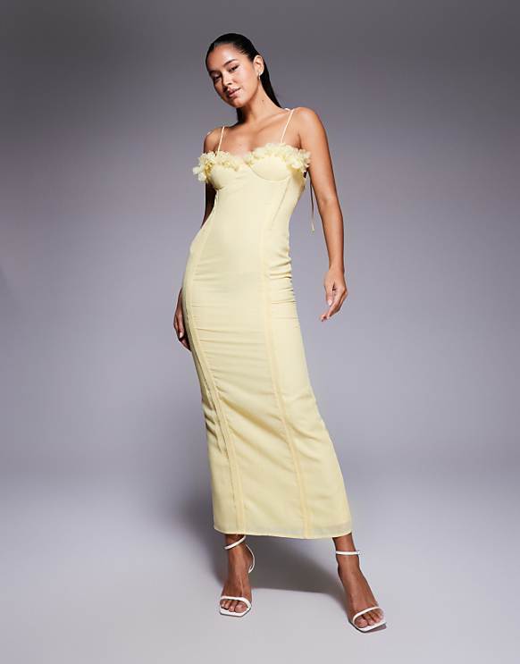 asos ASOS DESIGN 3D floral bust corset linen look midi dress in yellow