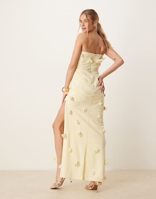 Asos ASOS DESIGN 3D Floral Linen Maxi Dress In Pastel Yellow