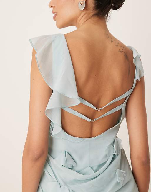 Asos ASOS DESIGN 3D Flower Draped Ruffle Sleeve Midaxi Dress With Open Back In Light Blue
