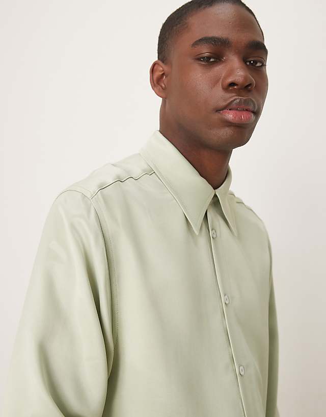 Asos ASOS DESIGN 70s Collar Slim Fit Satin Shirt In Khaki