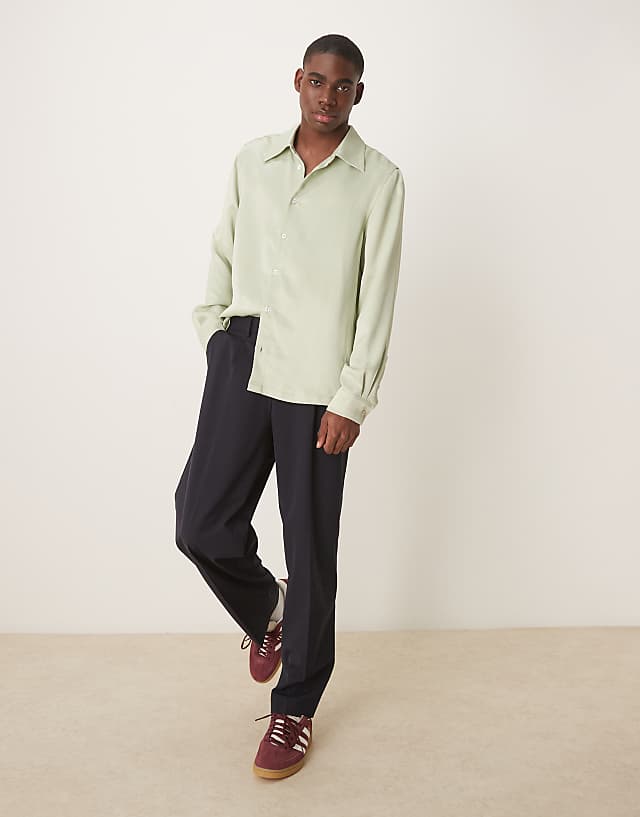 Asos ASOS DESIGN 70s Collar Slim Fit Satin Shirt In Khaki
