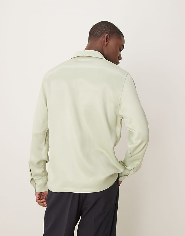 Asos ASOS DESIGN 70s Collar Slim Fit Satin Shirt In Khaki