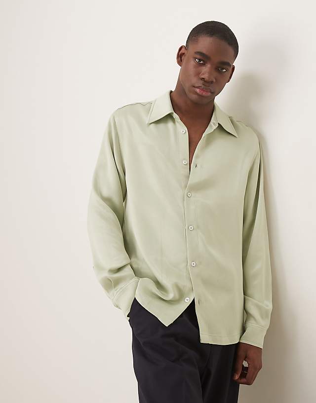 asos ASOS DESIGN 70s collar slim fit satin shirt in khaki