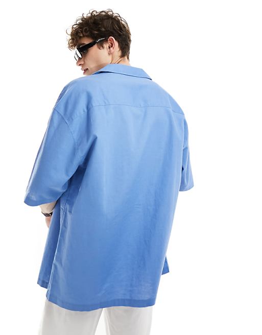 Asos ASOS DESIGN 90s Oversized Shirt With Deep Revere Collar In Blue