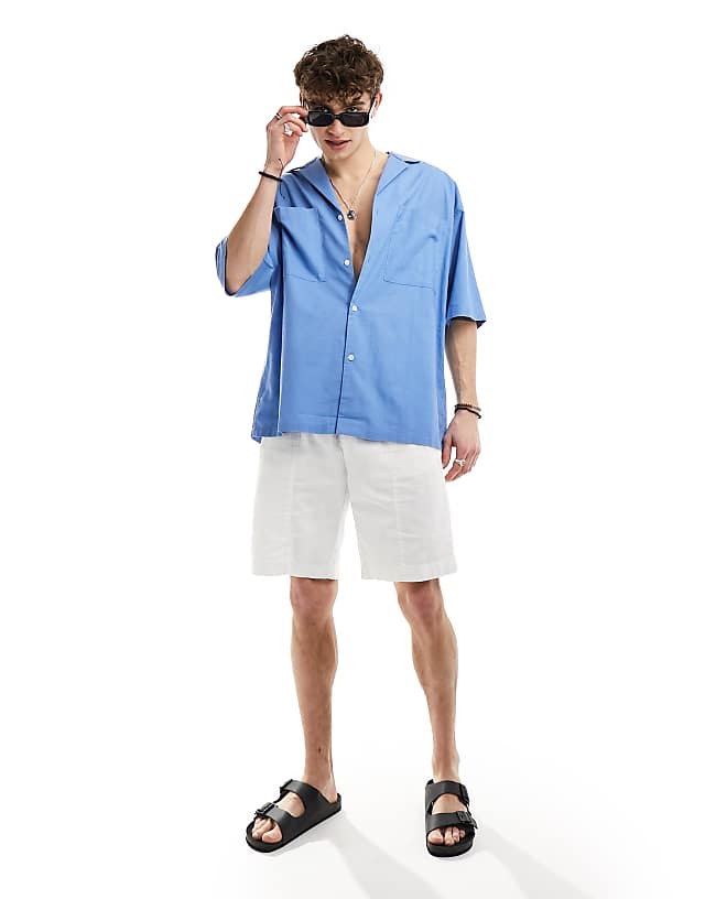 Asos ASOS DESIGN 90s Oversized Shirt With Deep Revere Collar In Blue