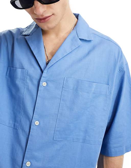 Asos ASOS DESIGN 90s Oversized Shirt With Deep Revere Collar In Blue