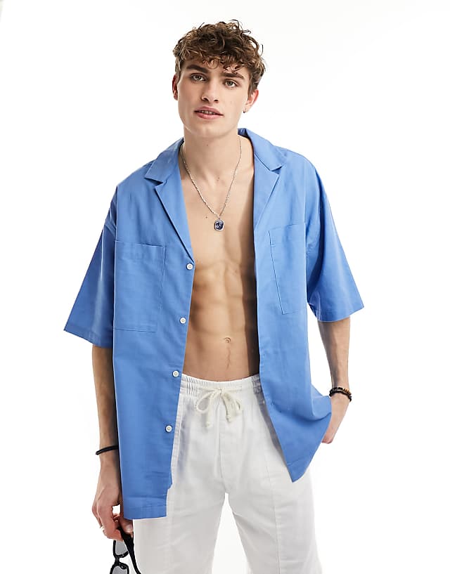 asos ASOS DESIGN 90s oversized shirt with deep revere collar in blue