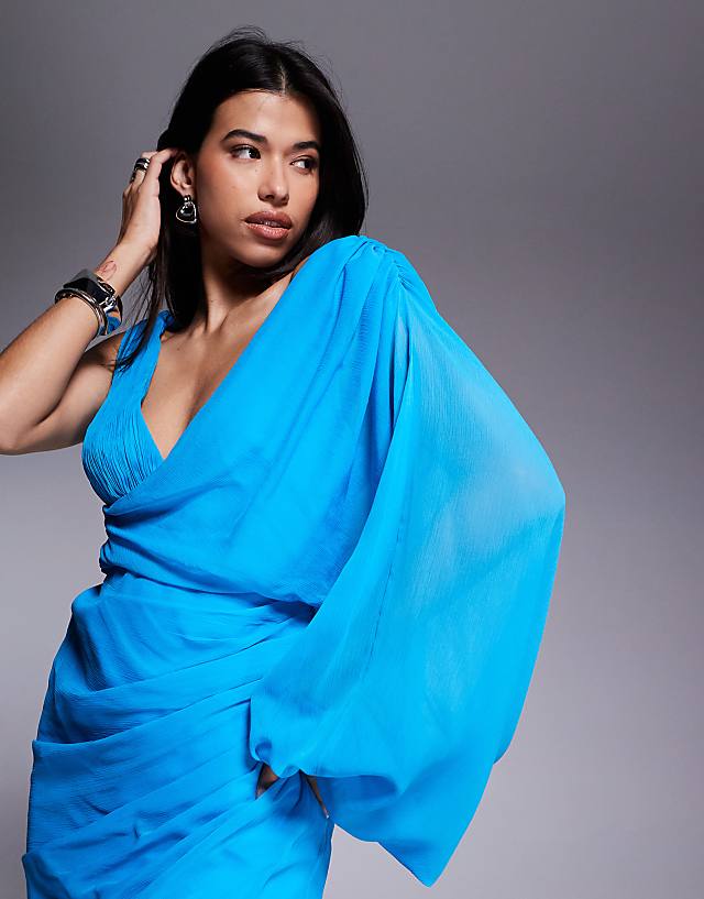 Asos ASOS DESIGN Asymmetric Drape Overlay Maxi Dress With Blouson Sleeve In Blue
