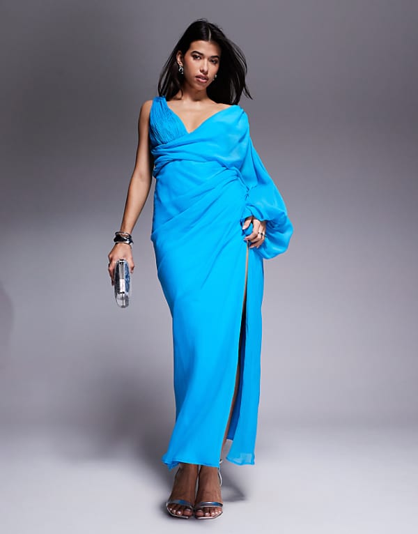 asos ASOS DESIGN asymmetric drape overlay maxi dress with blouson sleeve in blue
