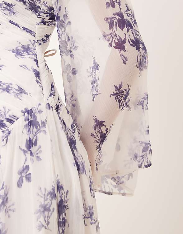 Asos ASOS DESIGN Asymmetric Dropped Waist Maxi With Open Back In Purple Floral Print