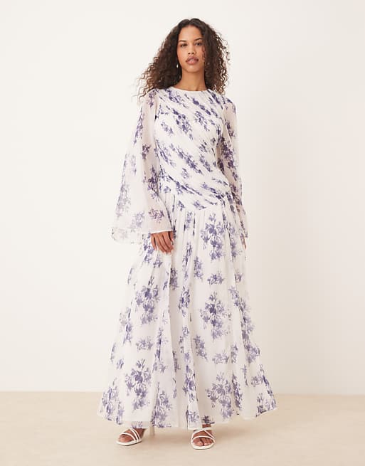 Asos ASOS DESIGN Asymmetric Dropped Waist Maxi With Open Back In Purple Floral Print