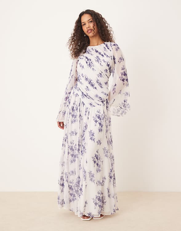 asos ASOS DESIGN asymmetric dropped waist maxi with open back in purple floral print
