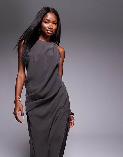 Asos ASOS DESIGN Asymmetric Hem Drape Maxi Dress In Charcoal