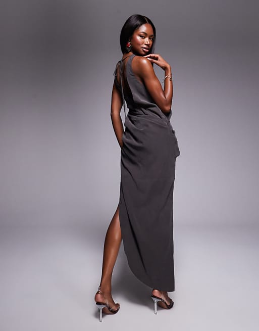 Asos ASOS DESIGN Asymmetric Hem Drape Maxi Dress In Charcoal