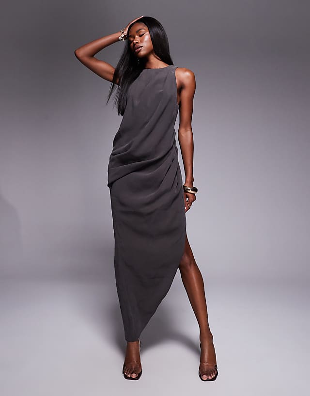 asos ASOS DESIGN asymmetric hem drape maxi dress in charcoal