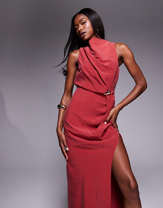Asos ASOS DESIGN Asymmetric Neckline Maxi Dress With Hardware Trim In Dark Red