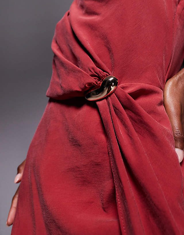 Asos ASOS DESIGN Asymmetric Neckline Maxi Dress With Hardware Trim In Dark Red