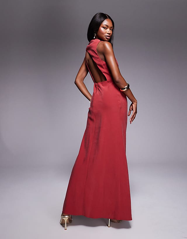 Asos ASOS DESIGN Asymmetric Neckline Maxi Dress With Hardware Trim In Dark Red