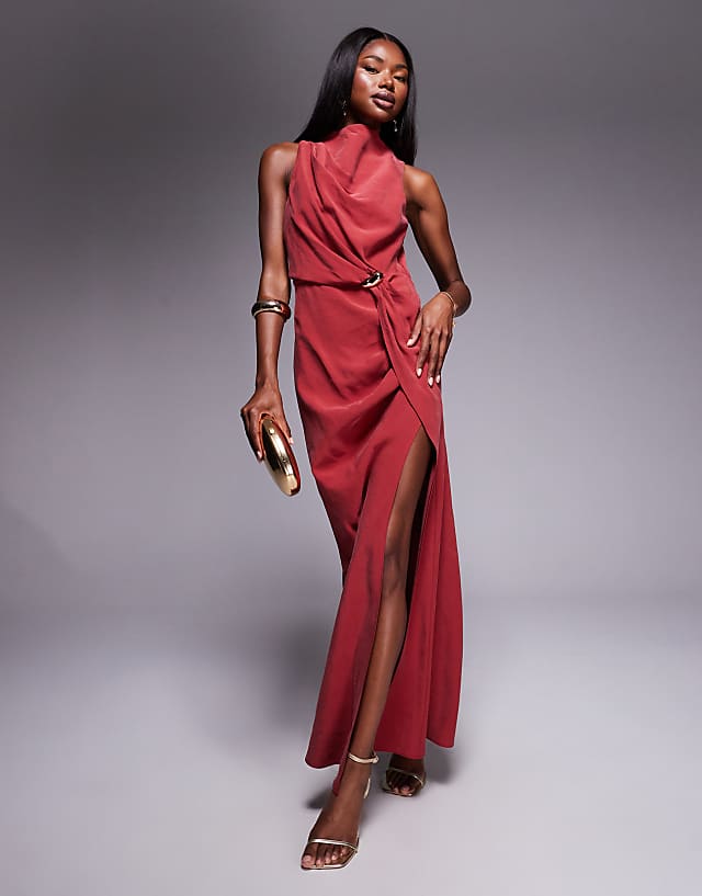 asos ASOS DESIGN asymmetric neckline maxi dress with hardware trim in dark red