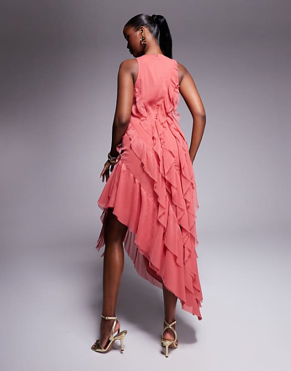 Asos ASOS DESIGN Asymmetric Racer Neckline Ruffle Midaxi Dress With Hi Low Hem In Rose Pink