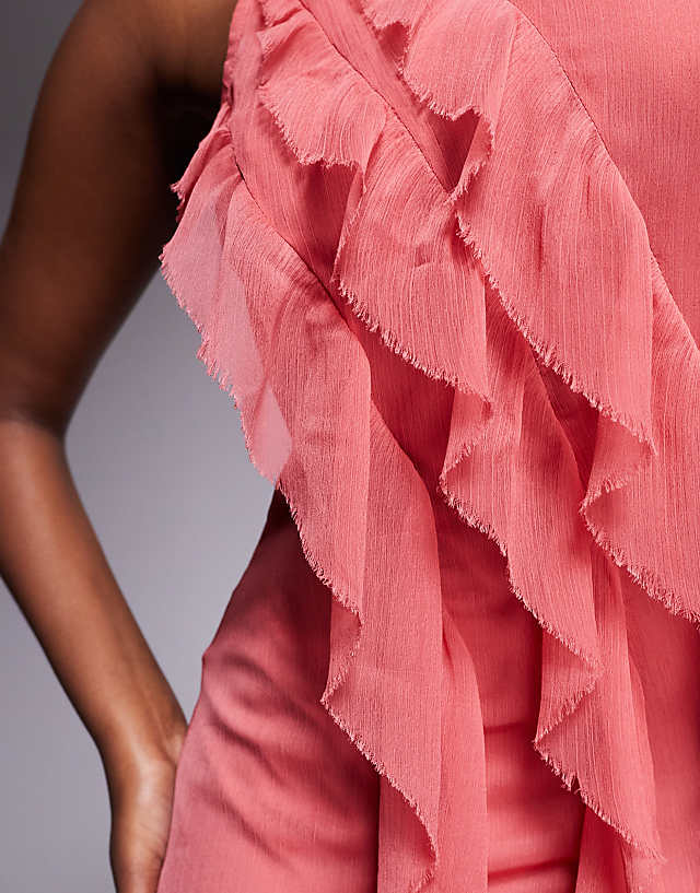 Asos ASOS DESIGN Asymmetric Racer Neckline Ruffle Midaxi Dress With Hi Low Hem In Rose Pink