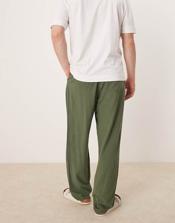 Asos ASOS DESIGN Baggy Fit Pull On Linen Rich Trouser In Dark Green