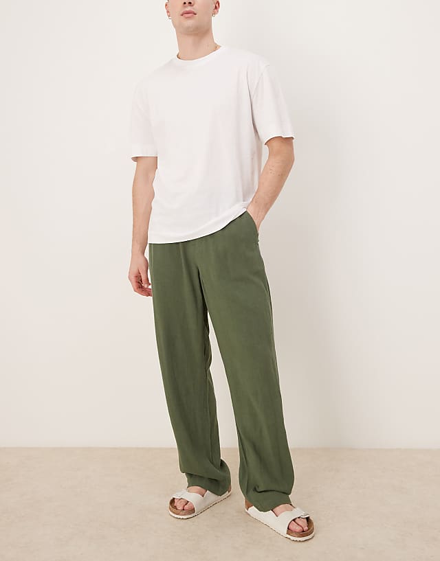 asos ASOS DESIGN baggy fit pull on linen rich trouser in dark green