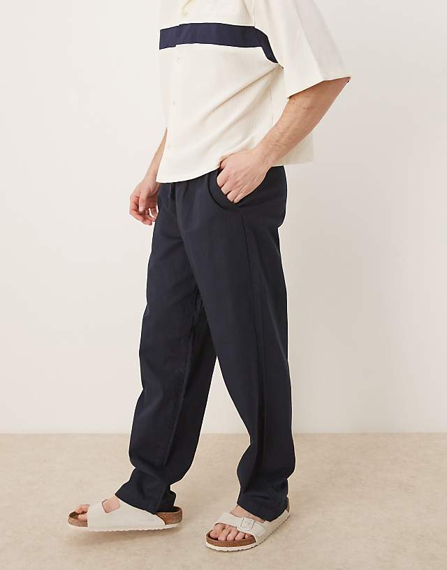 Asos ASOS DESIGN Baggy Linen Blend Trousers In Navy