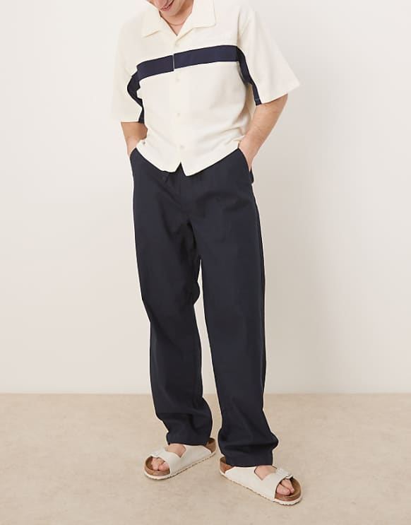 asos ASOS DESIGN baggy linen blend trousers in navy