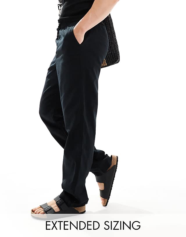 asos ASOS DESIGN baggy linen trouser with elasticated waist in black