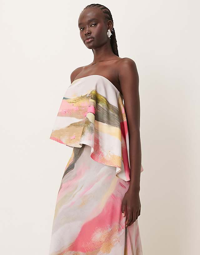 Asos ASOS DESIGN Bandeau Asymmetric Contrast Fabric Bias Maxi Dress In Brushstroke Print