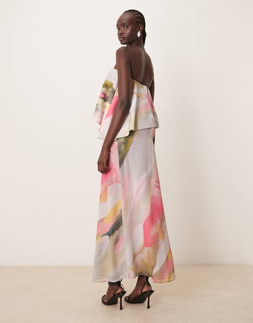 Asos ASOS DESIGN Bandeau Asymmetric Contrast Fabric Bias Maxi Dress In Brushstroke Print