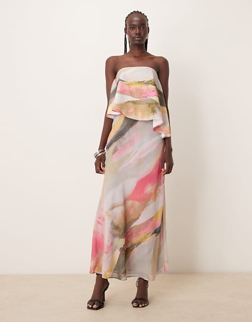 asos ASOS DESIGN bandeau asymmetric contrast fabric bias maxi dress in brushstroke print