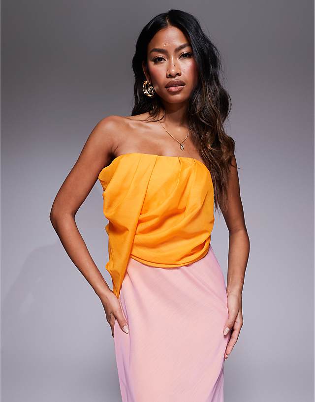 Asos ASOS DESIGN Bandeau Draped Bias Maxi Dress In Pink And Orange Ombre Print