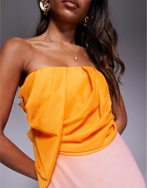 Asos ASOS DESIGN Bandeau Draped Bias Maxi Dress In Pink And Orange Ombre Print