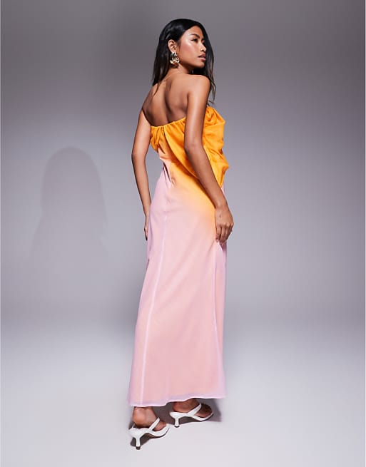 Asos ASOS DESIGN Bandeau Draped Bias Maxi Dress In Pink And Orange Ombre Print