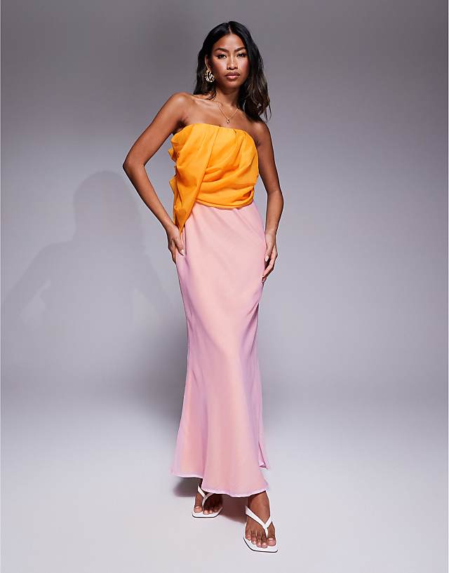 asos ASOS DESIGN bandeau draped bias maxi dress in pink and orange ombre print