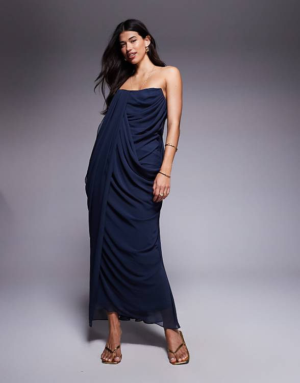 asos ASOS DESIGN bandeau draped midaxi dress in ink blue