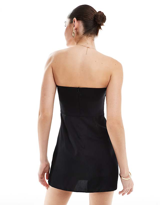 Asos ASOS DESIGN Bandeau Gathered Waist Satin Mini Dress In Black