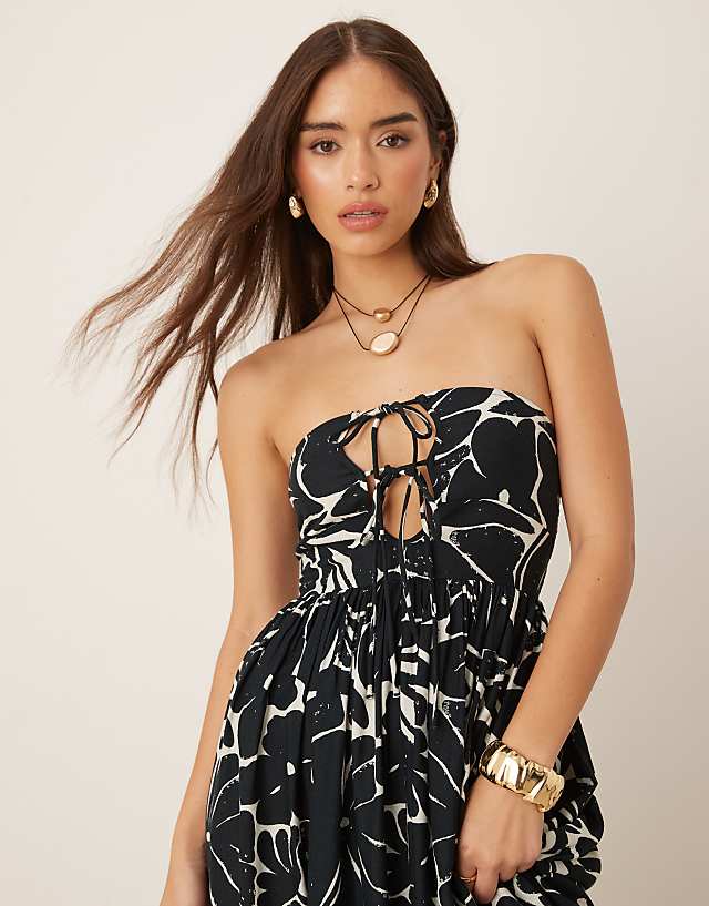 Asos ASOS DESIGN Bandeau Lace Up Maxi Beach Dress With Linen In Mono Floral