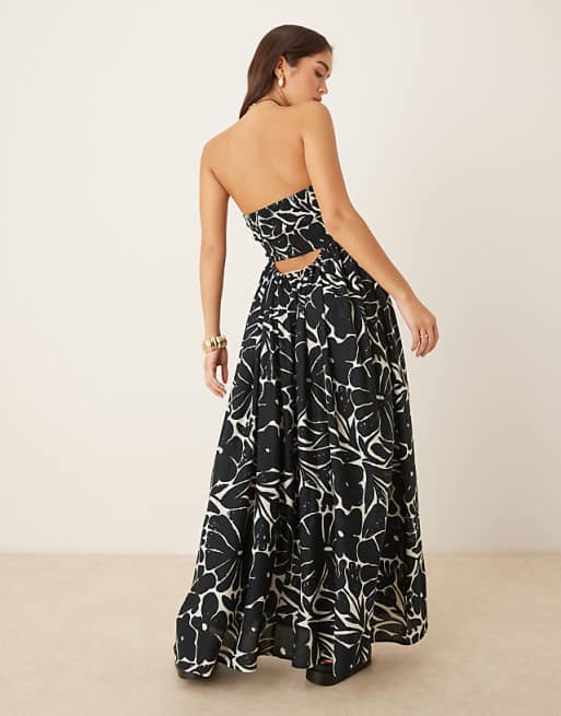 Asos ASOS DESIGN Bandeau Lace Up Maxi Beach Dress With Linen In Mono Floral