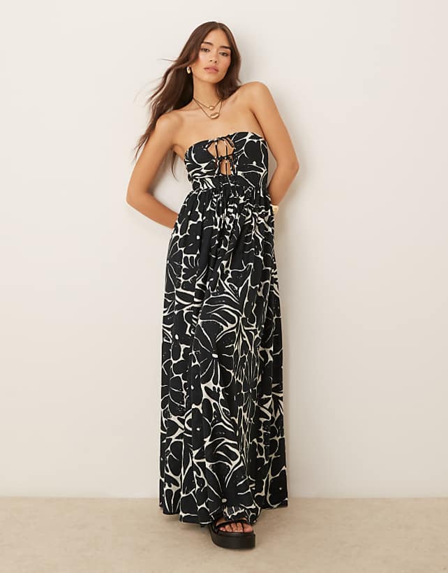 asos ASOS DESIGN bandeau lace up maxi beach dress with linen in mono floral