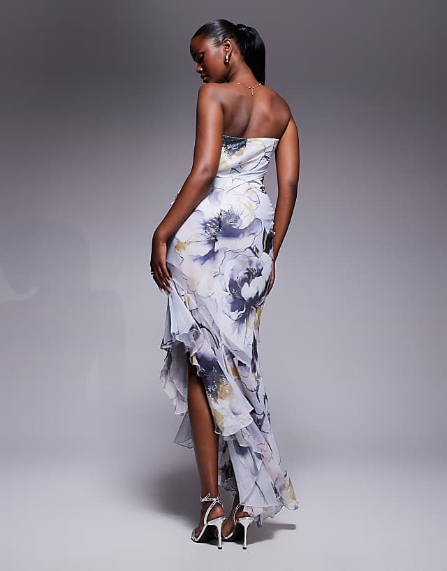 Asos ASOS DESIGN Bandeau Maxi Dress With Asymmetric Ruffle Hem In Oversized Tonal Floral Print