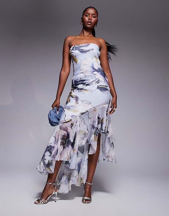 asos ASOS DESIGN bandeau maxi dress with asymmetric ruffle hem in oversized tonal floral print