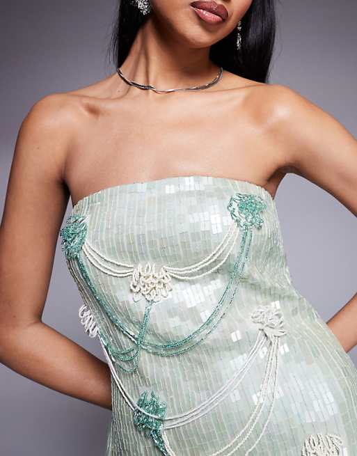 Asos ASOS DESIGN Bandeau Mini Dress With Squiggle Drip Drape Detail Embellishment In Pistachio